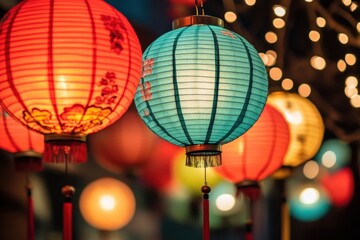 Obraz premium Illuminated Asian Paper Lanterns Hanging Festive Decor