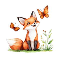 Obraz premium Cute Fox with Butterflies and Grassy Background