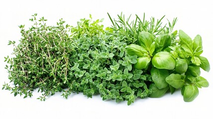 Obraz premium Culinary Herb Garden: Freshly harvested assortment of herbs, including thyme, oregano, rosemary and basil, presenting a sensory celebration, ready to infuse any dish with vibrant flavors and aromas.