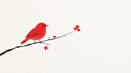 Vibrant red bird perched on branch - traditional chinese calligraphy art design for decor