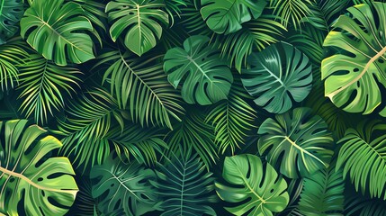 A lush green background featuring a close-up of large, tropical monstera leaves in a dense arrangement.
