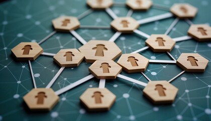 Interconnected people form network. Wooden figures represent employees. Connections show teamwork, communication. Modern business structure decentralized, shows autonomy. Concept illustrates social