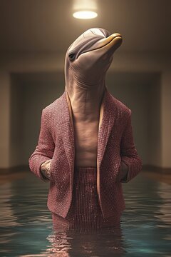 A surreal figure of a humanoid dolphin wearing a stylish suit stands in a shallow pool, blending animal and human characteristics in an artistic setting.