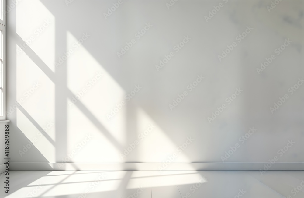 Poster Empty studio interior with white wall, floor. Sunlight casts soft shadows from window. Ideal background for product presentation. Minimalist design with modern aesthetic. Blank space for text product