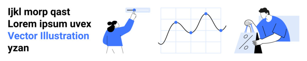 Person presenting data on graph board, another person shopping holding bag with percentage symbol. Ideal for business strategies, presentations, marketing, data analysis, teamwork, e-commerce