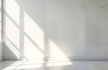 Fototapeta premium Empty studio interior with white wall, floor. Sunlight casts soft shadows from window. Ideal background for product presentation. Minimalist design with modern aesthetic. Blank space for text product