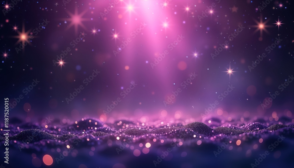 Aufkleber Purple glowing stars fall on dark purple background with bokeh effect. Impressionist painting style. Cosmic scene. Fantasy night sky. Glowing nebula pattern. Abstract design. Deep colors create
