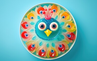Naklejka premium A dessert plate with a peacock face created from colorful jelly feathers and a pudding base on a pastel teal backdrop