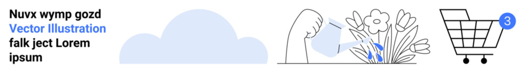 Cloud icon, hand watering flowers, and a shopping cart with notification. Ideal for e-commerce, online shopping, cloud services, growth, gardening, environmental care, and digital marketing. Landing