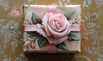 Pink ribbon wrapped box contains a single rose bloom, bloom, small, present