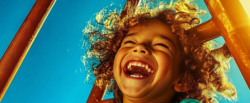 Happy child laughing outdoors on a sunny day.