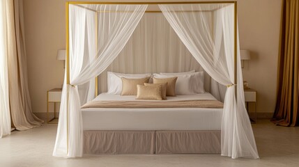 Furniture trendy luxury and innovative, A stylish four-poster bed with sheer white curtains, complemented by soft pillows and a neutral color palette, creating a serene and elegant bedroom ambiance.