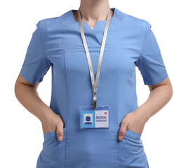 Medical assistant with badge on white background, closeup