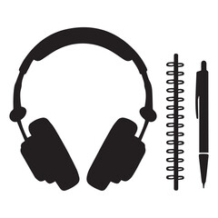 vector silhouette of headphones placed beside a notepad and pen