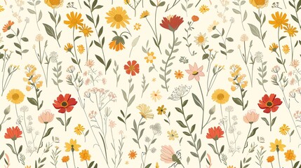 A seamless pattern of colorful flowers and leaves.