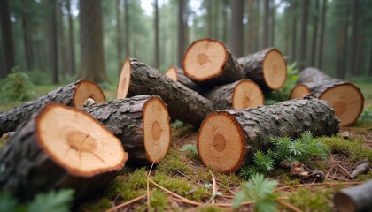 A collection of freshly cut wooden logs lies on a lush green forest floor, surrounded by soft moss and delicate ferns. The tranquil atmosphere evokes a sense of peace and connection to nature