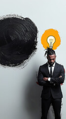 Contemporary artistic collage featuring a man in a business suit with a laptop and a lightbulb in...