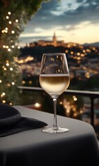 Obraz premium A glass of white wine stands elegantly on a dining table, with a twinkling city skyline in the background during twilight. Soft lights create a romantic atmosphere
