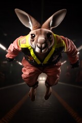 A kangaroo in a safety suit is mid-jump in a dramatic, illuminated setting, merging humor and action in a surreal composition.