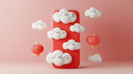 Chinese new year social media mockup with red lantern and cloud motif
