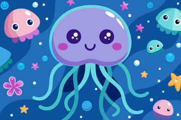 A magical jellyfish with a glowing body, floating in an underwater pastel paradise surrounded by tiny fish