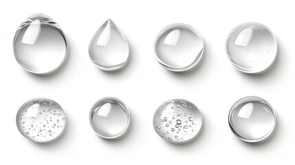 Various water droplets on a white background.