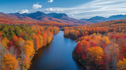Aerial view of autumn forest with river, mountains, and sunlight