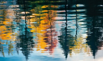 Reflections of trees and foliage on a serene lake's surface at dawn, nature, peaceful, reflection