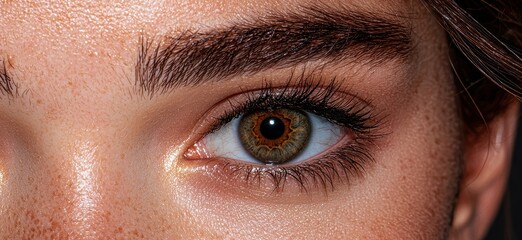 Obraz premium Close-up of a woman's eye with brown iris and long eyelashes