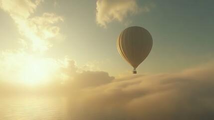 Fototapeta premium Hot air balloon flying high above cloudy sky; sun shining through clouds, water below