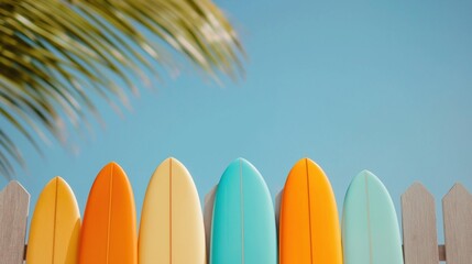 Colorful surfboards against a clear blue sky for summer adventure