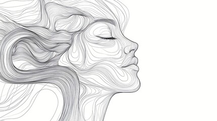 Fototapeta premium Minimalist line art of a woman face in profile with flowing abstract hair in a modern black and white design