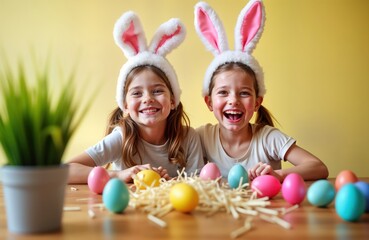 Two happy girls in bunny ears play with colorful Easter eggs at home. Laughing, fun. Nest of straw with colorful eggs surrounds. Springtime celebration indoors. Family tradition, spring holiday