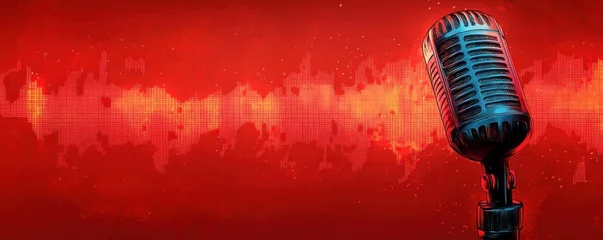 Gordijnen Microphone on Red Background with Audio Waveform for Podcast and Broadcast Content Creation © video