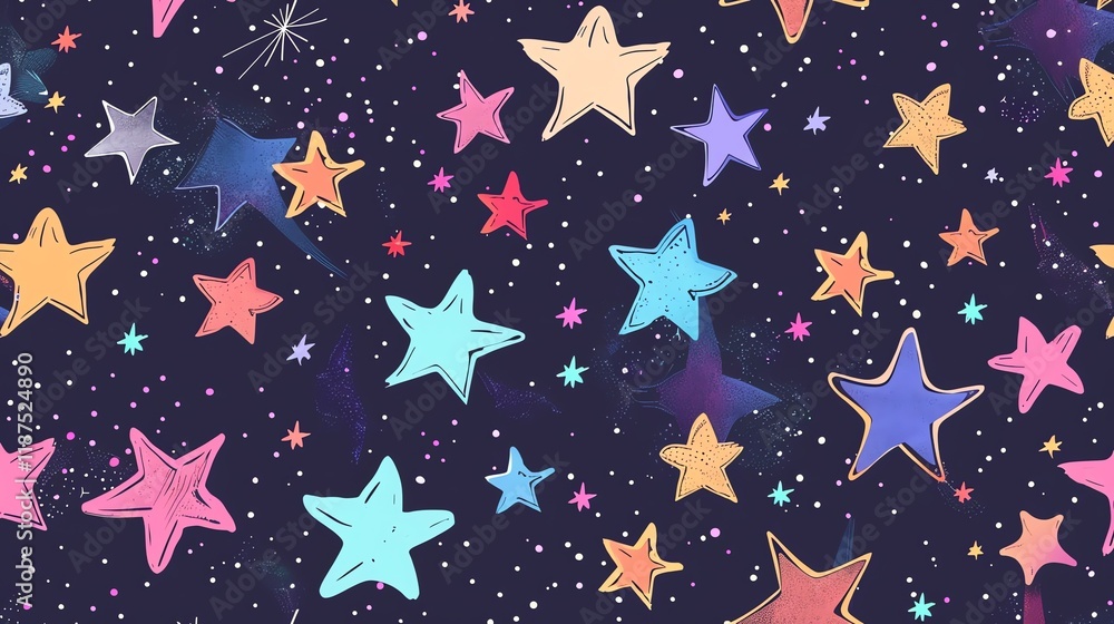 Canvas Prints a seamless pattern with colorful stars on a dark blue background.