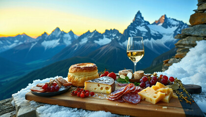 A breathtaking alpine picnic featuring a Michelin-star cheese soufflé alongside a charcuterie board