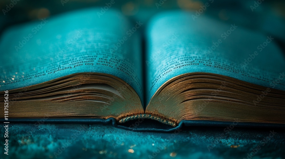 Poster an open portal to forgotten lore, a vintage book with turquoise pages beckoning you to read its anci