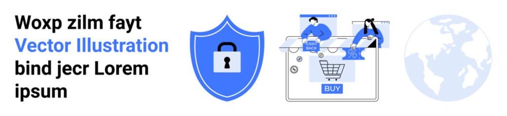 Shield with lock, laptop with e-commerce icons, two people analyzing purchase history, and world map. Ideal for online security, e-commerce, global trade, data protection, internet safety
