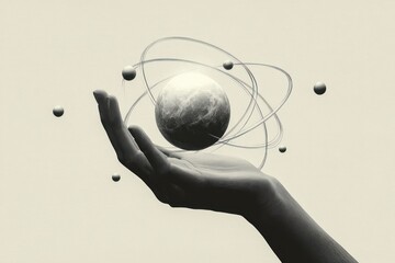 Hand Holding Sphere Representing Universe Activities and Cosmic Connections in Surreal Style