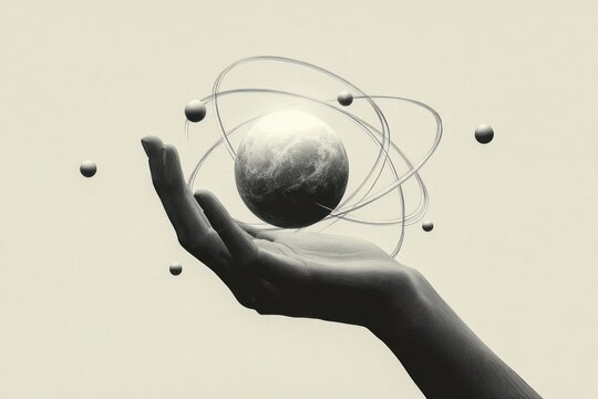 Hand Holding Sphere Representing Universe Activities and Cosmic Connections in Surreal Style