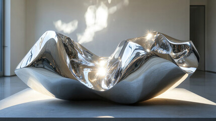 Abstract sculpture of sharp, angular forms in polished metal, reflecting the surrounding light dynamically