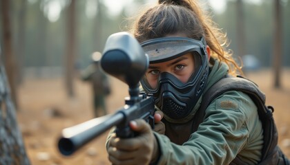 A determined young woman, wearing a protective mask and tactical gear, aims her paintball gun with precision in a forest setting. The image captures the intensity of the moment, showcasing her fierce