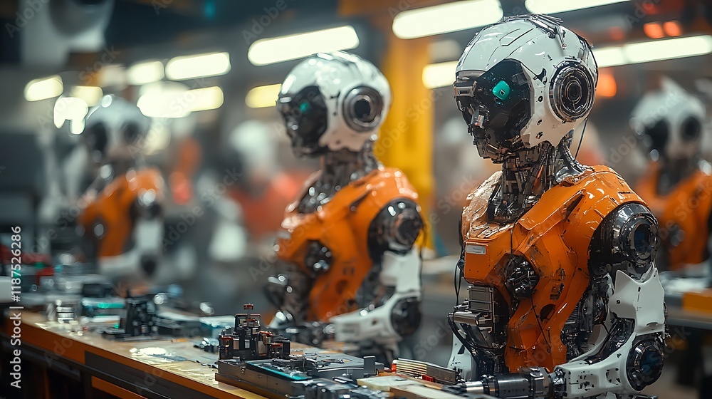 Poster futuristic robots working on an assembly line in a factory.