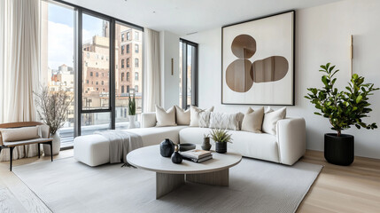 bright Scandinavian-style living room featuring a sleek white sofa adorned with textured throw pillows and a light gray rug. The room showcases light oak wood flooring and a coffee table with clean