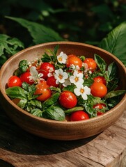 Fresh tomato and basil salad with edible flowers in a wooden bowl