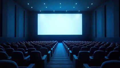 Empty cinema hall. Blue interior with rows of dark blue seats facing blank white screen. Movie theatre entertainment concept. Empty seats suggest quiet time before show. Interior view of modern