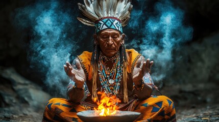 A respected indigenous elder sits cross-legged, hands raised, in front of a small fire. Adorned with traditional wear and feathers, he connects with nature, embodying wisdom and peace