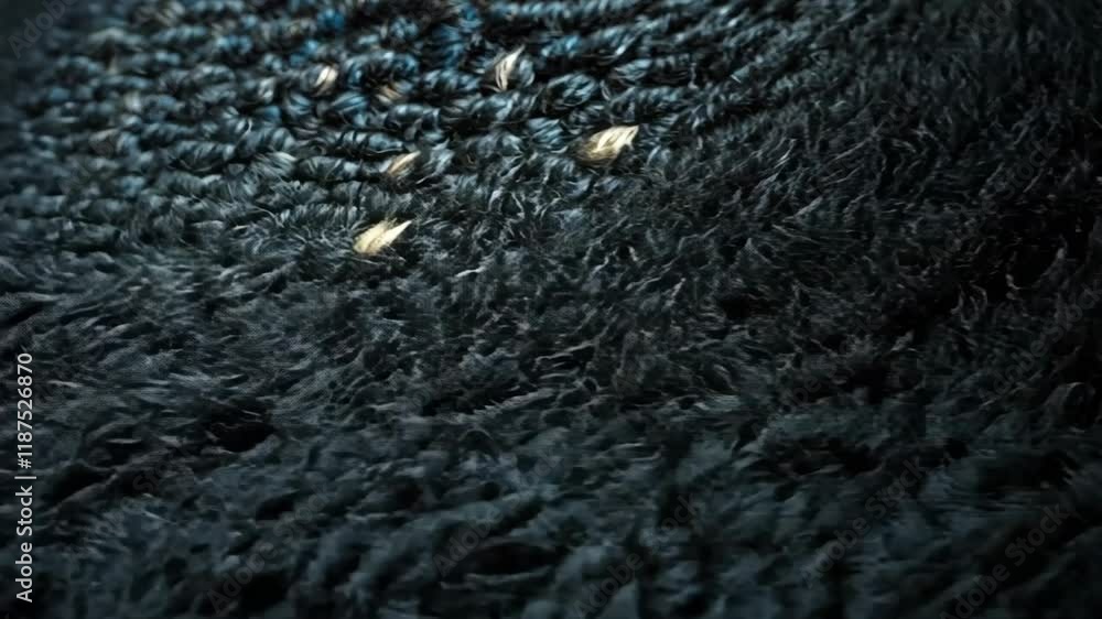 Poster texture of soft black fur arranged in a layered pattern, illuminated with soft light for detailed vi