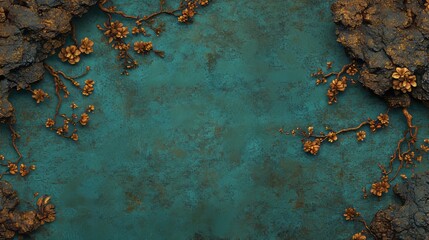 Thai wallpaper depicting refined floral patterns with interwoven vines and leaves in gold and royal blue tones, conveying wealth and sophistication