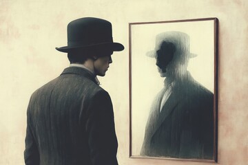 Surreal illustration of faceless man in bowler hat gazing into mirror reflecting absence of identity mystery solitude enigma